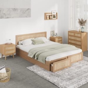 TEMPAT TIDUR KOMBINASI KAYU JATI DAN ROTAN LACI DEPAN